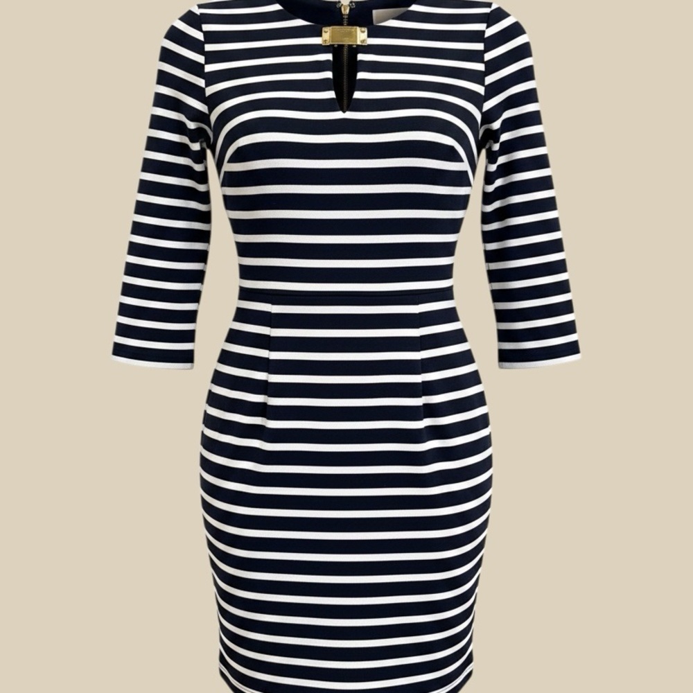 Michael Kors Navy and White Striped Long-Sleeve Sheath Dress with Gold Accent